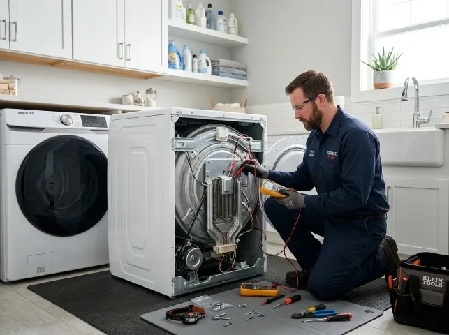 Appliance Repair Hero technician checking a dryer heating element with the rear panel off in Alpine, AR