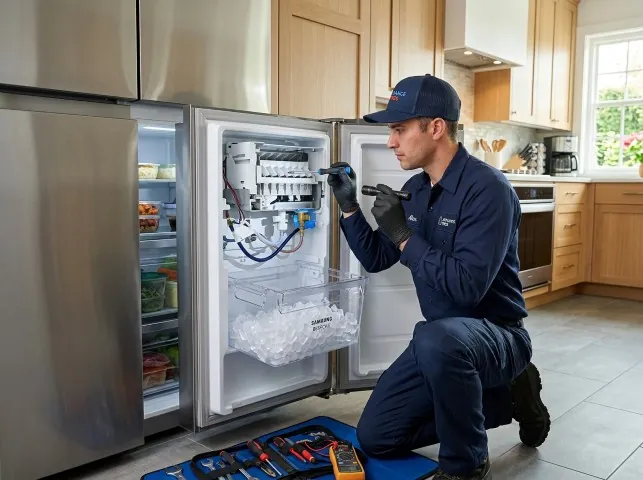 Appliance Repair Hero technician repairing a refrigerator ice maker in Alpine, AR