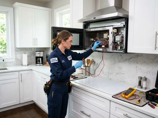 Appliance Repair Hero technician testing an over-the-range microwave in a Alpine, AR kitchen