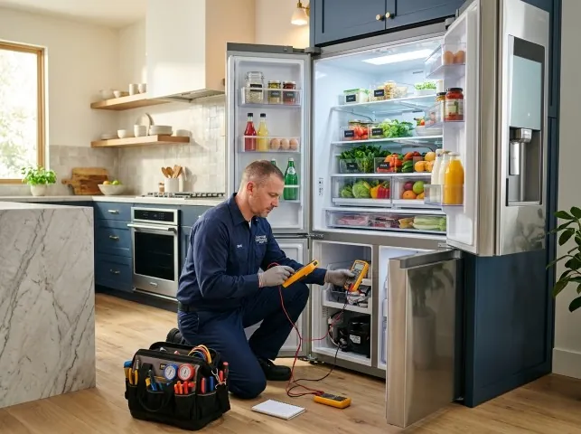 Appliance Repair Hero refrigerator technician testing a fridge on a Alpine, AR service call