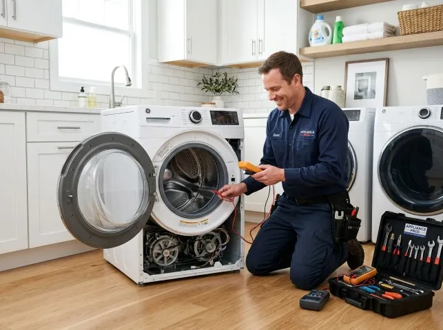Appliance Repair Hero technician testing a front-load washer with a multimeter on a Alpine, AR service call